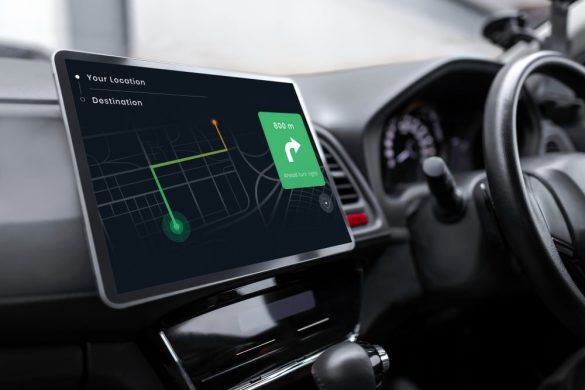 Une main tenant un petit appareil noir ressemblant à un traceur GPS, sur un fond technique flou